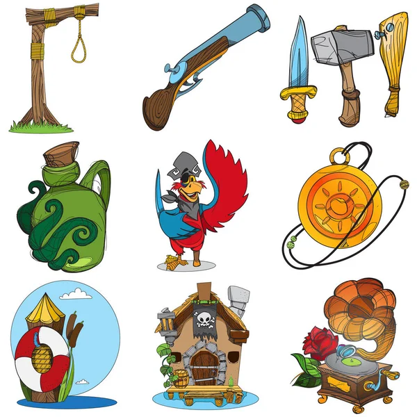 Establecer ilustraciones con atributos piratas — Vector de stock