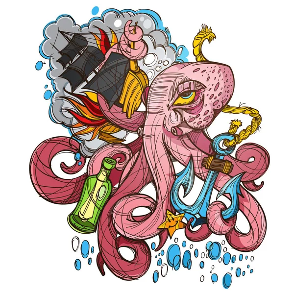 Octopus, schip en fregat — Stockvector