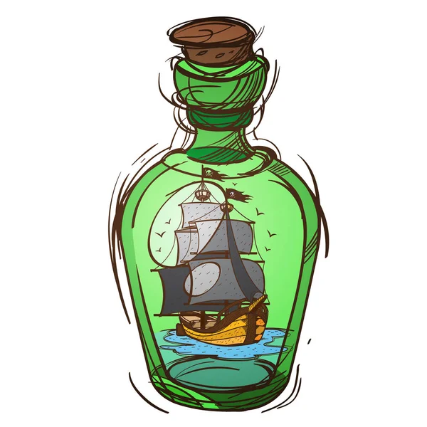 Pirate Frigate in glass bottle — Stock Vector