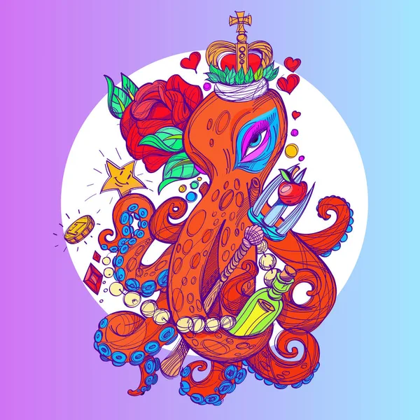 Pulpo en Corona con rosa — Vector de stock