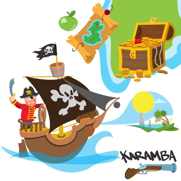 Imposta illustrazioni con attributi pirata — Vettoriale Stock