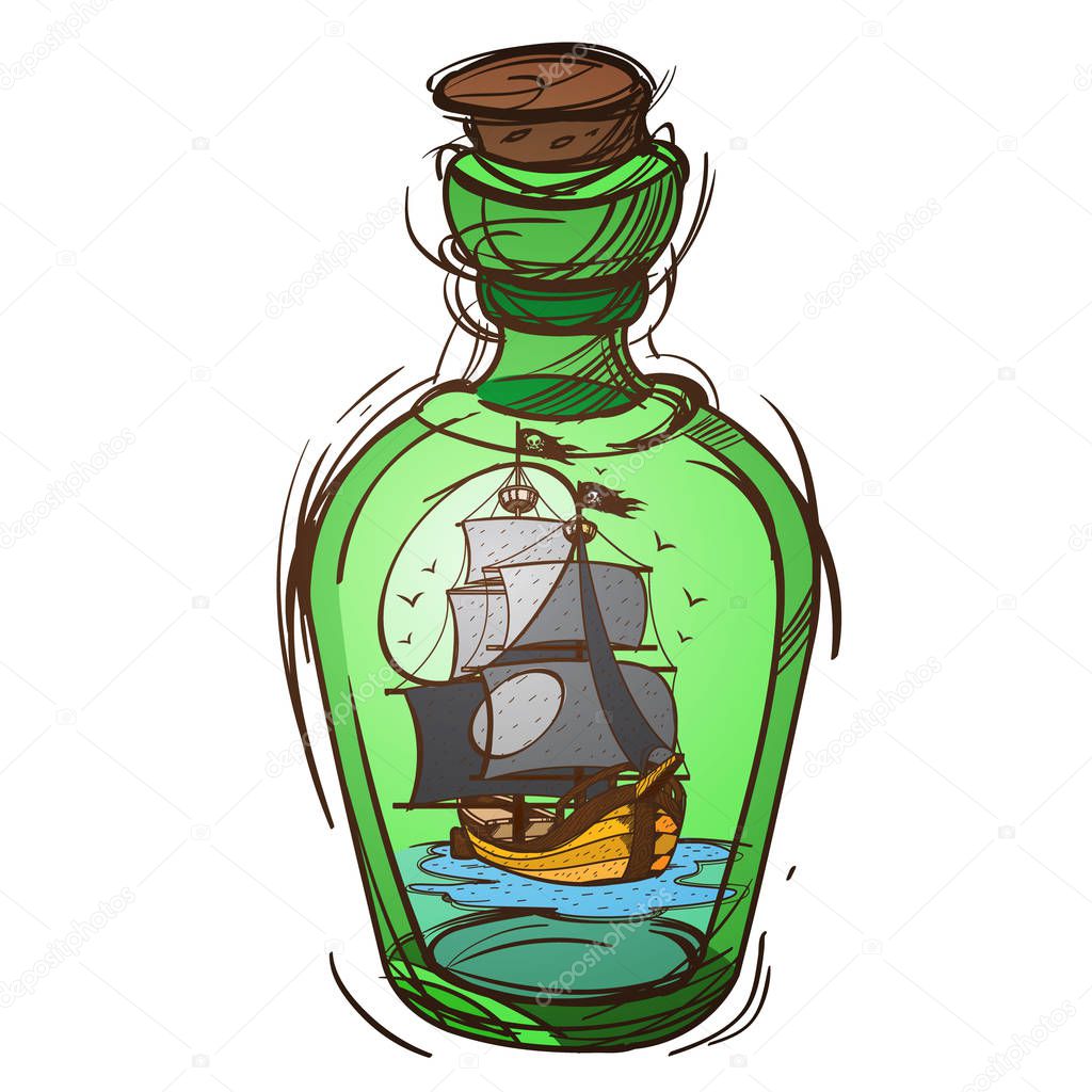 Pirate Frigate in glass bottle