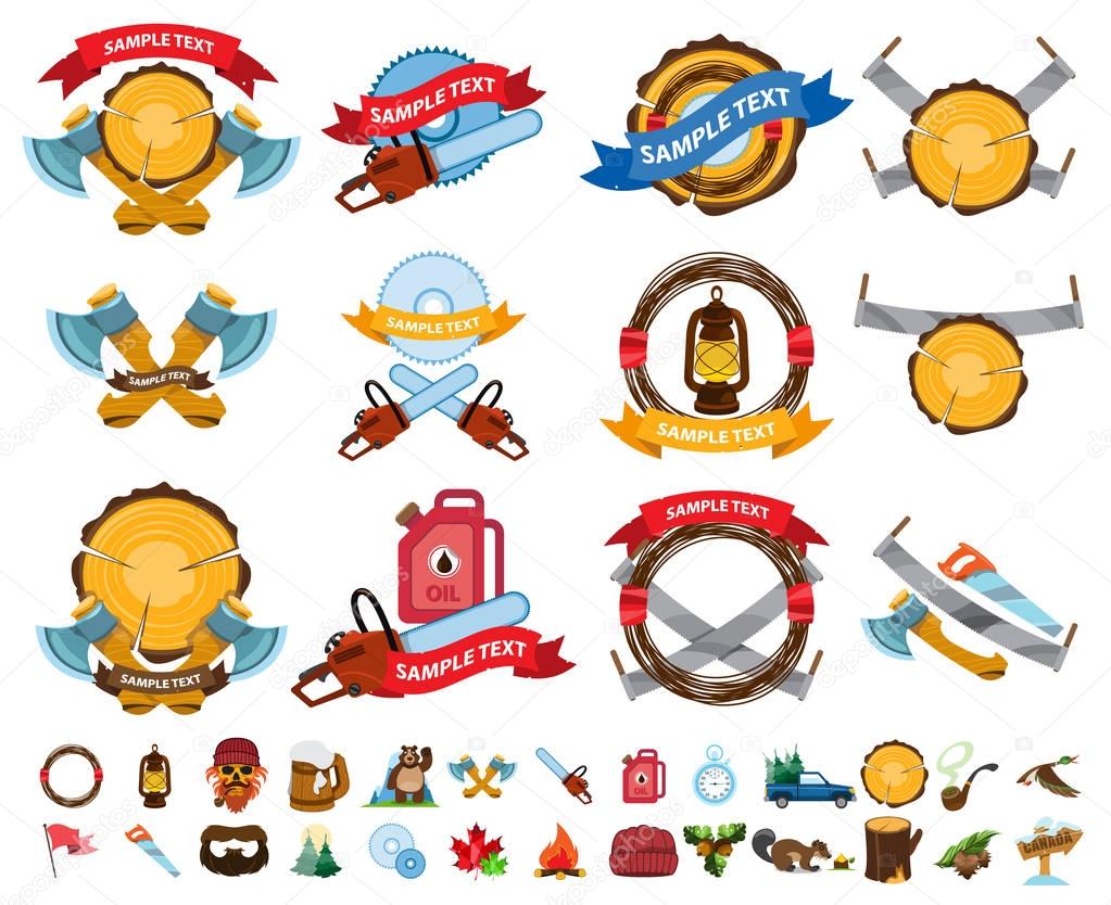 Sawmill logo and icons, lumberjack, logos with ribbon