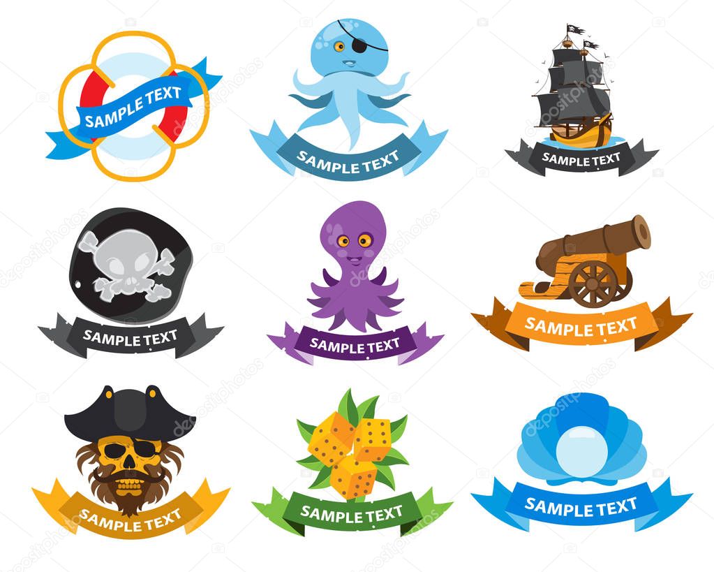 Sea and pirate logos set isolated on white background