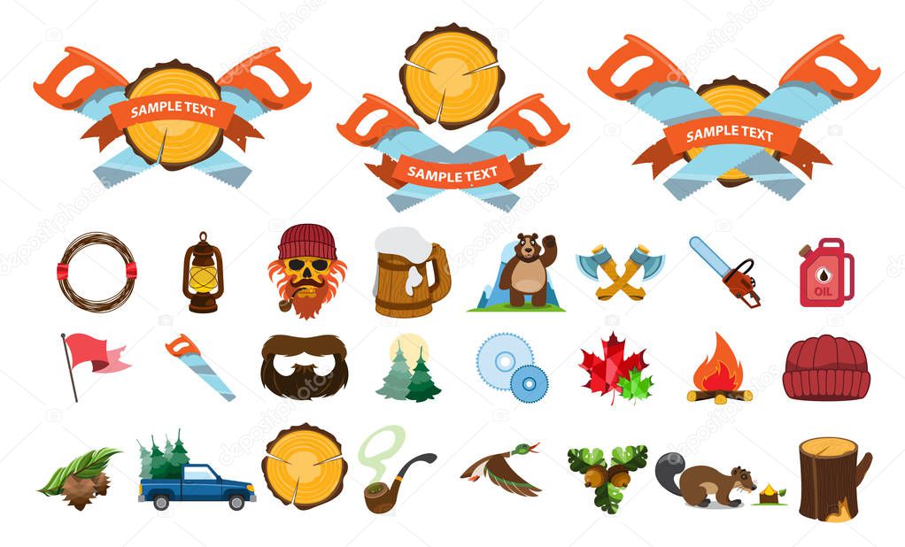 Lumberjack logos, labels, emblems, logos with ribbon