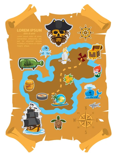 Velho pergaminho com mapa pirata — Vetor de Stock