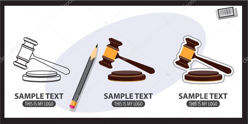Judge or auction hammer logos set on grey and white background