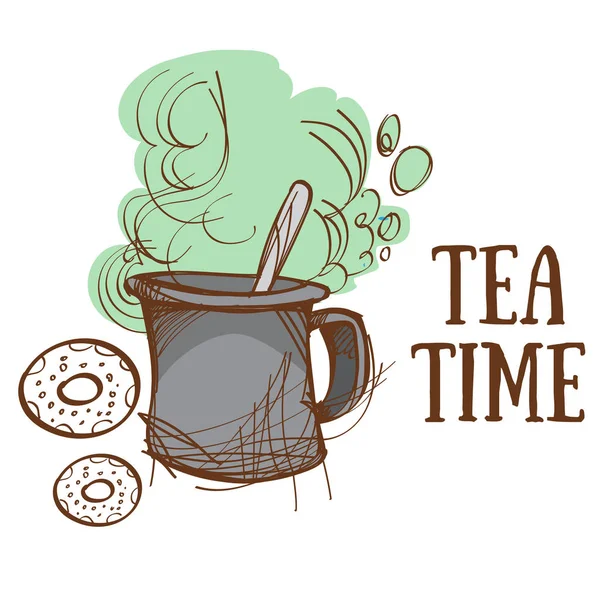 Tea Time, large mug and donuts — Stock Vector
