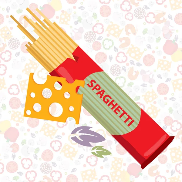 Spaghetti en een stuk kaas. — Stockvector