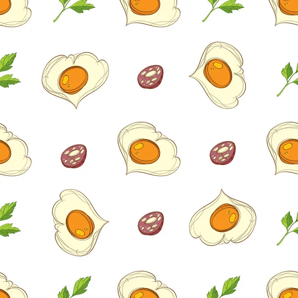 Seamless mönster med korv, stekt ägg och persilja. — Stock vektor