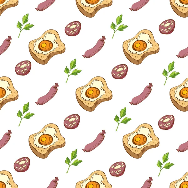 Seamless pattern with sausages, fried eggs and parsley. — Stock Vector