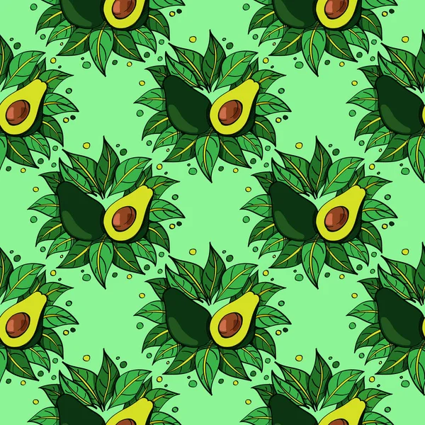 Avocados auf hellgrünem Hintergrund mit nahtlosem Muster. — Stockvektor