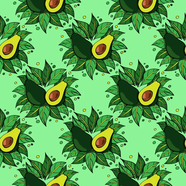 Aguacates sobre un fondo verde claro patrón sin costuras . — Vector de stock