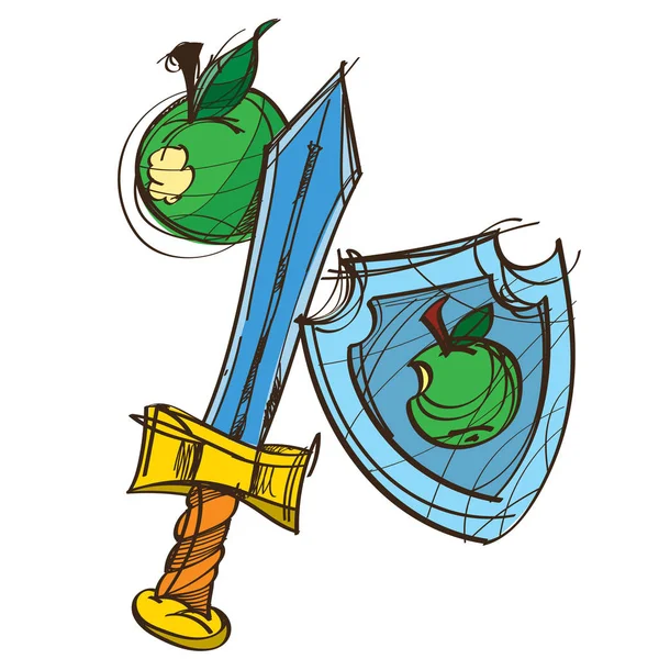 Escudo, espada e uma maçã verde — Vetor de Stock