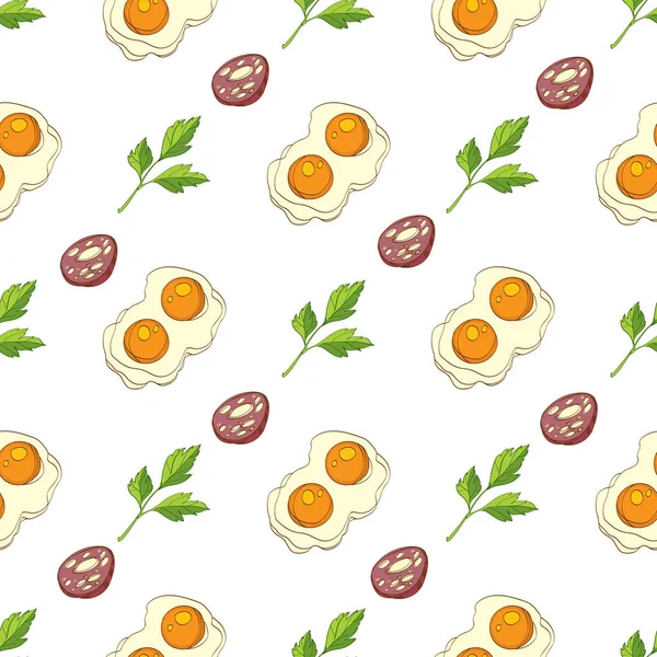 Modèle sans couture avec saucisses, œufs frits et persil . — Image vectorielle