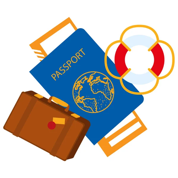 パスポート、チケット、スーツケース、救命浮環の図 — ストックベクタ