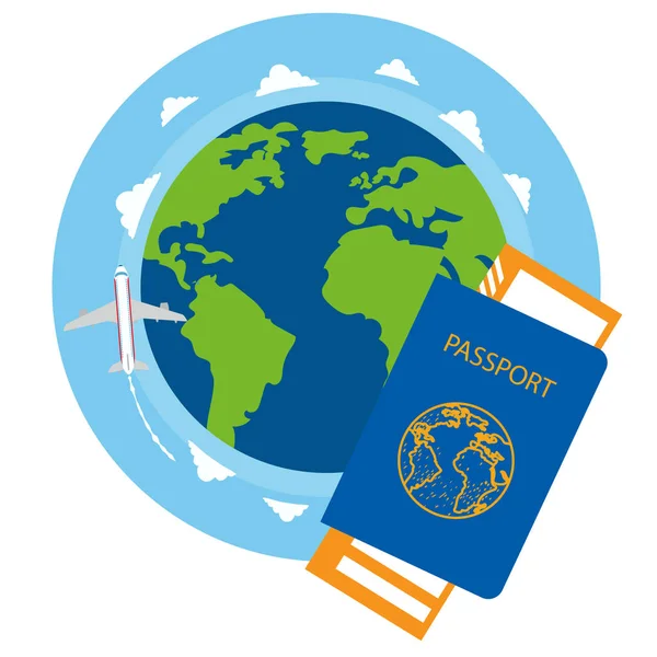 Pasaporte, billete, globo, avión . — Archivo Imágenes Vectoriales