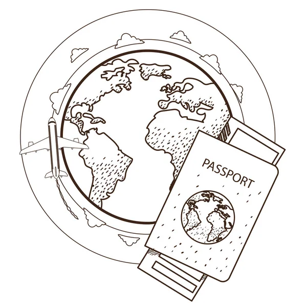 Paspoort, ticket, globe, vliegtuig. — Stockvector