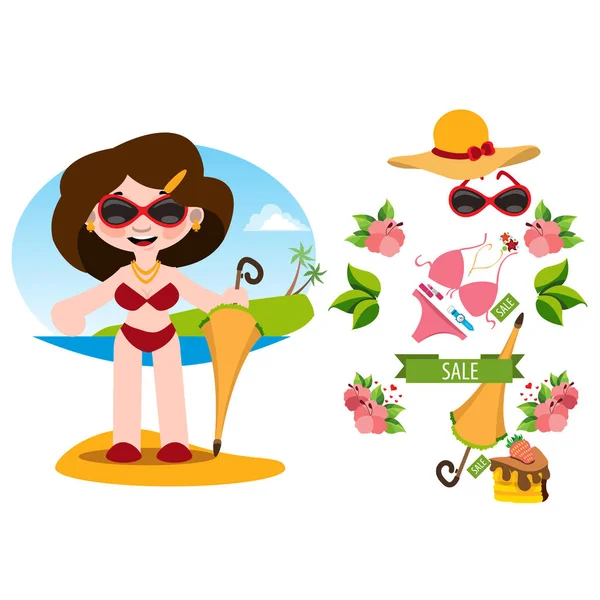 Femme en maillot de bain, chapeau panama et parapluie — Image vectorielle