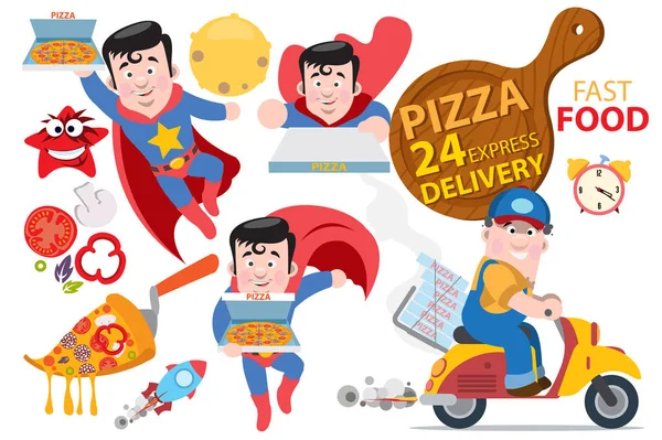 Set consegna pizza supereroe — Vettoriale Stock
