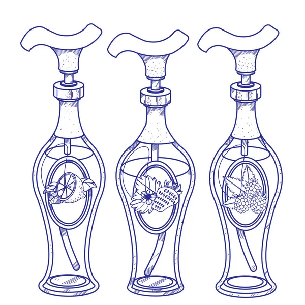 Бутылки с раздатчиками с различными фруктовыми начинками — стоковый вектор