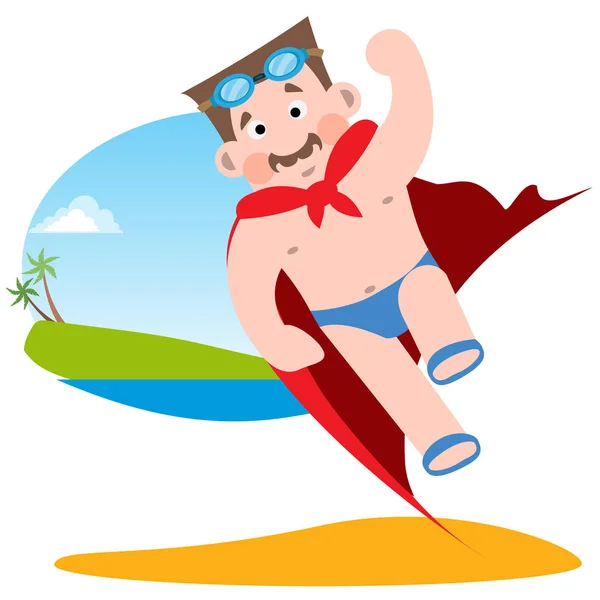Az ember a kép egy szuperhős egy fürdőruhát a strandon — Stock Vector