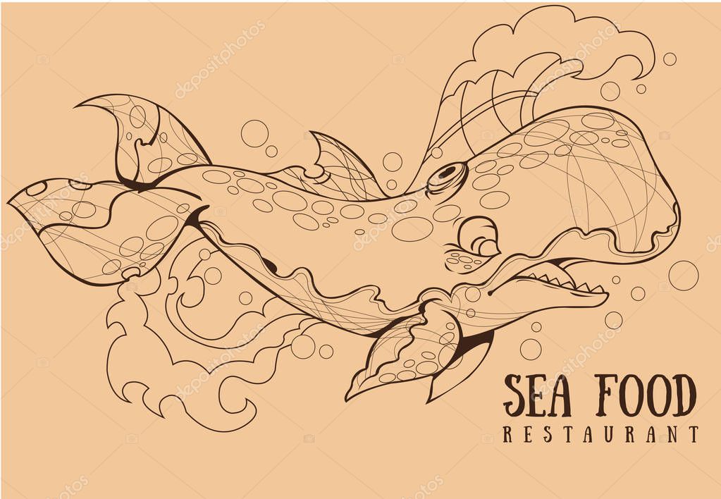 Whale contour drawing for design food packaging.