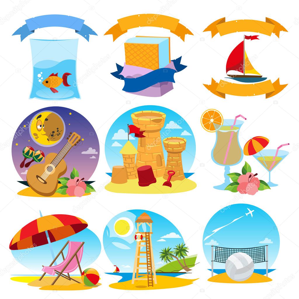 Set of color illustrations on the theme of summer.
