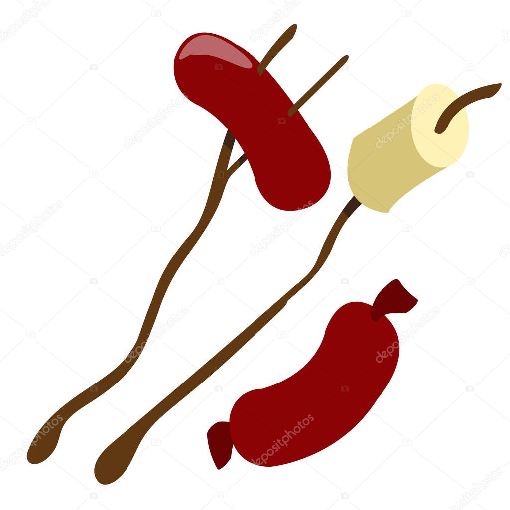 Picnic logo. Sausages and marshmallows for the campfire sketch, vector illustration