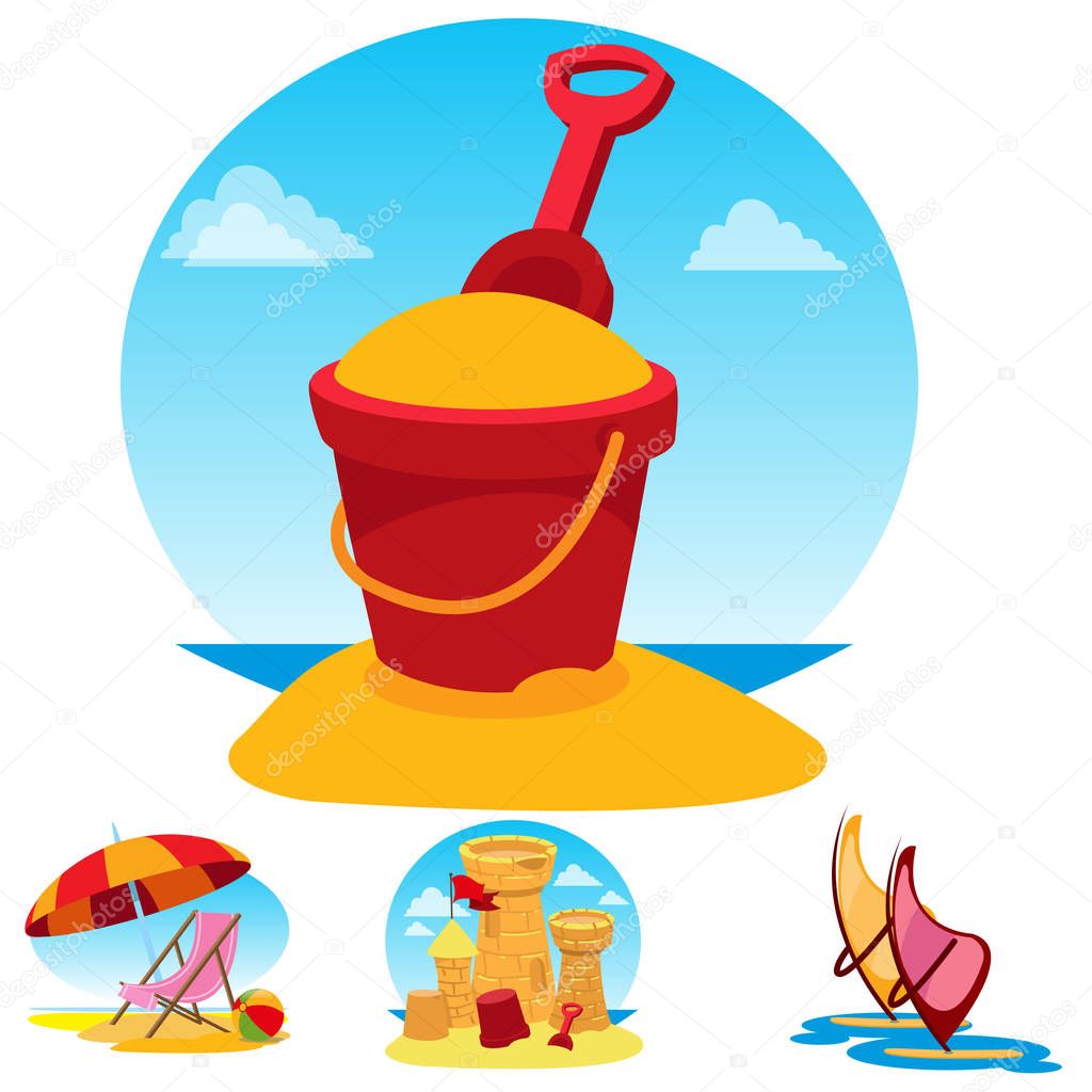Toy bucket, beach chair and umbrella, sand castle, windsurfing. Set of color illustrations on the theme of summer.