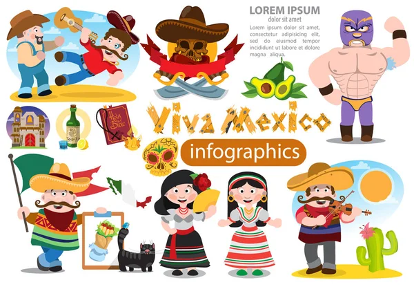 Conjunto de personajes en estilo de dibujos animados sobre temas mexicanos — Vector de stock
