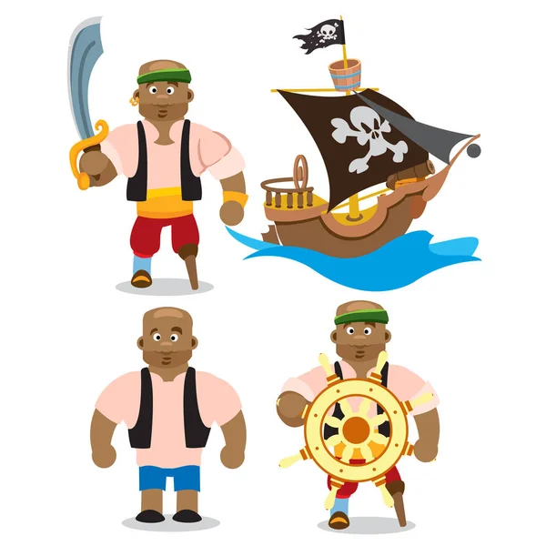 Conjunto de ilustraciones que representan a un hombre africano y un barco pirata — Archivo Imágenes Vectoriales