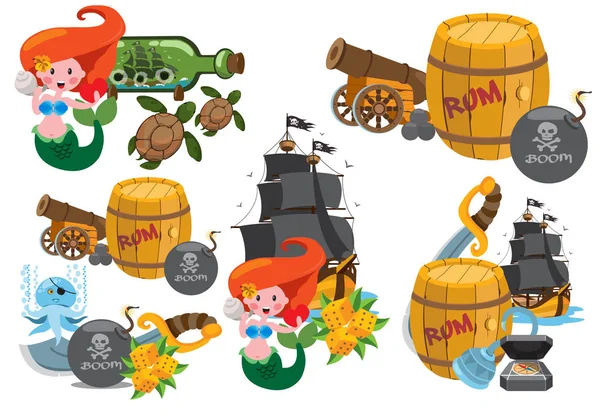 Definir ilustrações sobre o tema dos piratas e habitantes marinhos . — Vetor de Stock