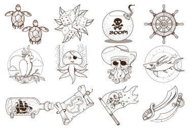 Set outline illustrations for coloring on the theme of pirates and marine inhabitants clipart