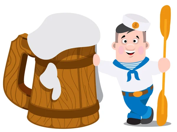 Sailor next to wooden beer mug — Stock Vector