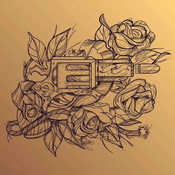 Tatouage pistolet et roses — Image vectorielle