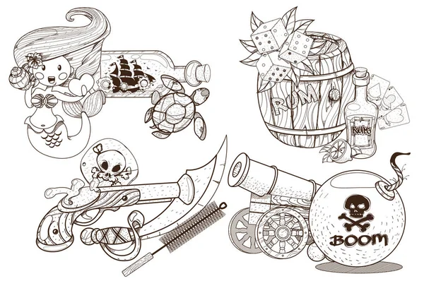 Ladrões de mar de aventura. Conjunto de ilustrações em preto e branco para esboço de coloração —  Vetores de Stock