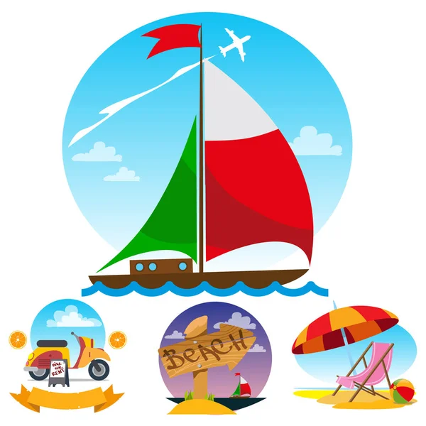 航行的船、 摩托车、 沙滩伞和沙滩椅. — 图库矢量图片
