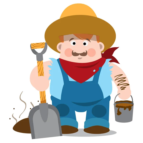 Hombre con overol y sombrero. Un tipo con una pala y un cubo. Campesino. Agricultura . — Vector de stock