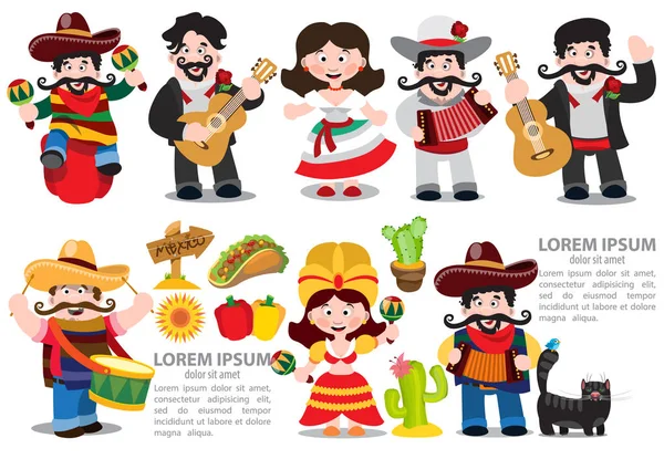 Set di personaggi in stile cartone animato su temi messicani — Vettoriale Stock