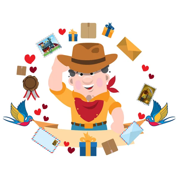 El hombre con sombrero de vaquero saluda a todos. Sobres, paquetes y otros atributos de correo . — Archivo Imágenes Vectoriales
