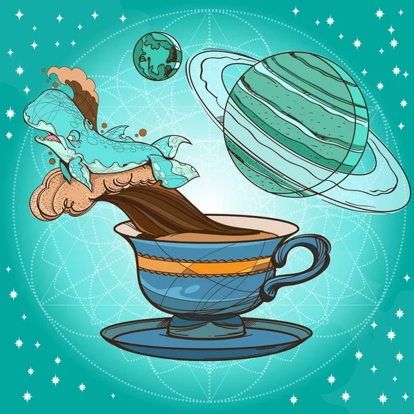 コーヒー、クジラ、惑星のマグカップ — ストックベクタ