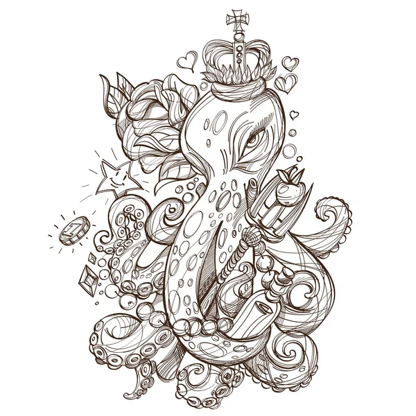 Chobotnice v Crown náčrt tetování. — Stockový vektor