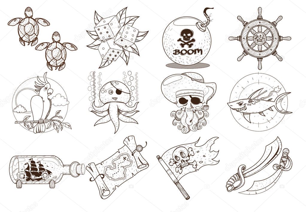 Set outline illustrations for coloring on the theme of pirates and marine inhabitants