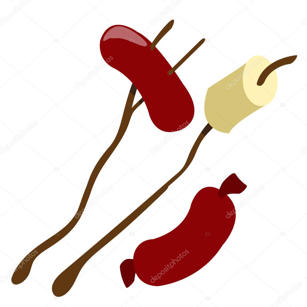 Picnic logo. Sausages and marshmallows for the campfire sketch, vector illustration