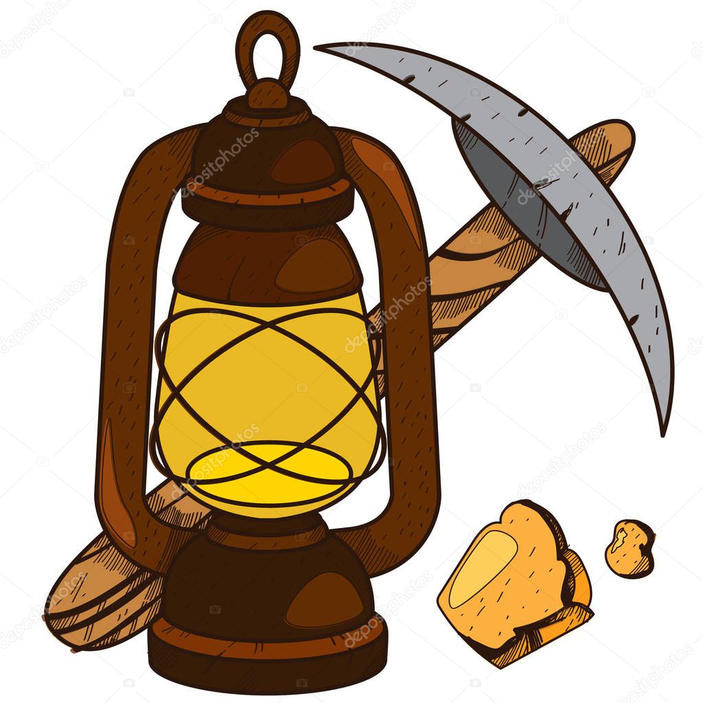 Pickaxe and oil lamp icon, vector illustration