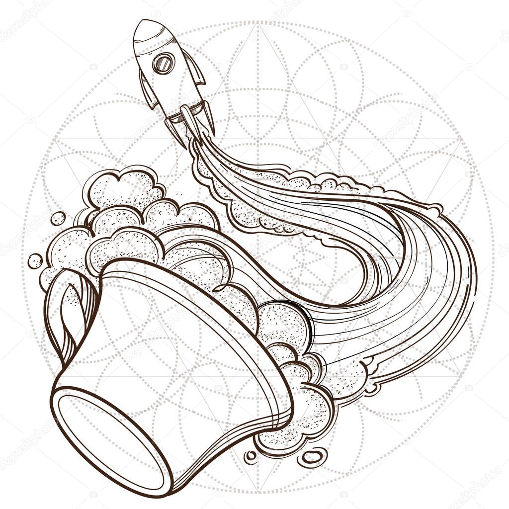 sketch of spacecraft and mug of coffee