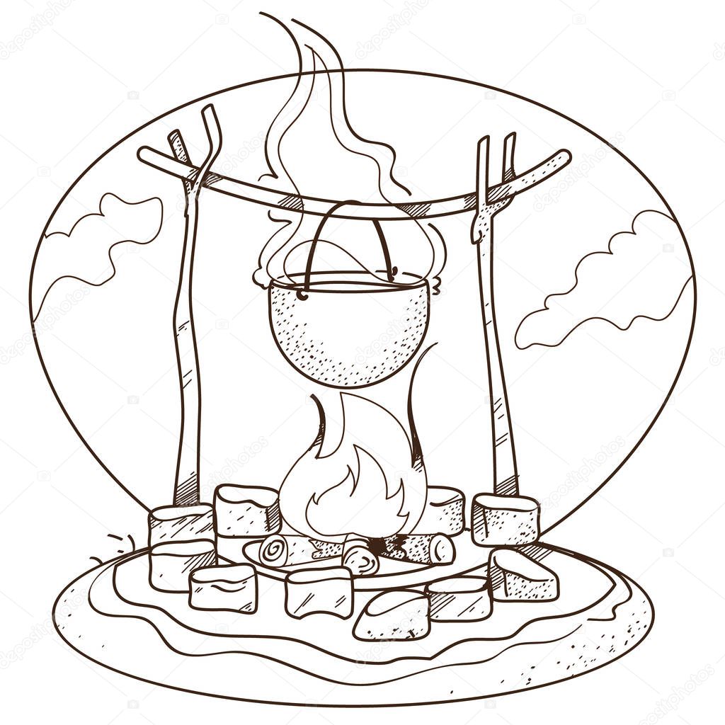Pot on the fire logo. Picnic, tourism, travel inventory. Illustration for coloring.