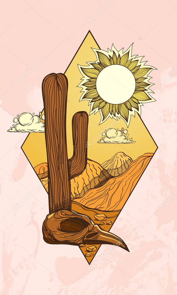 Desert landscape in the diamond-shaped logo. Post-apocalyptic wilderness. Day. Illustration for printing on T-shirts and other items. Picture for design travel agencies.