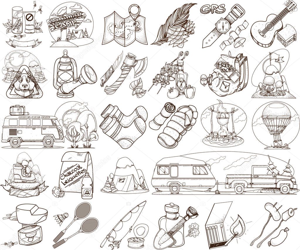 Set in the tourism theme. Travel logos. Coloring books.
